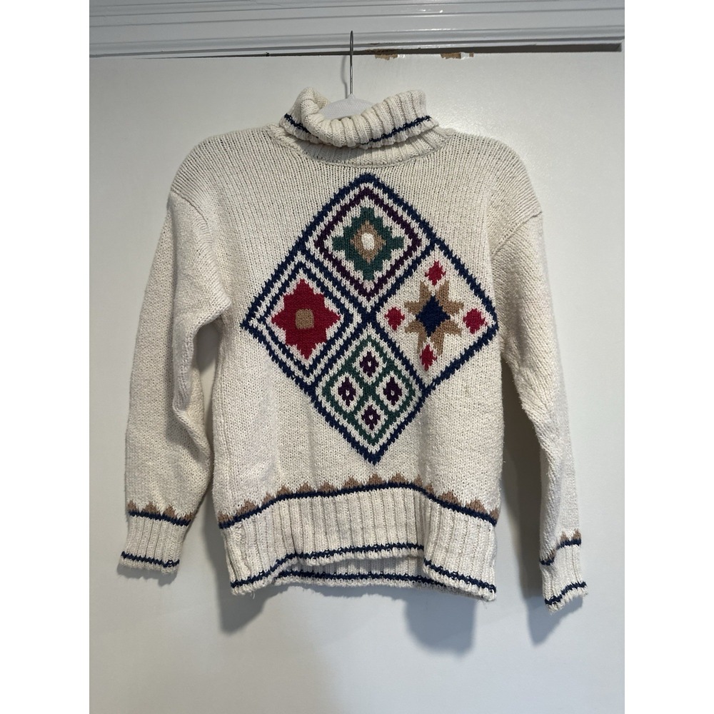 VTG Liz Claiborne Petite Geometric Cotton Diamond Knit Winter Christmas Sweater